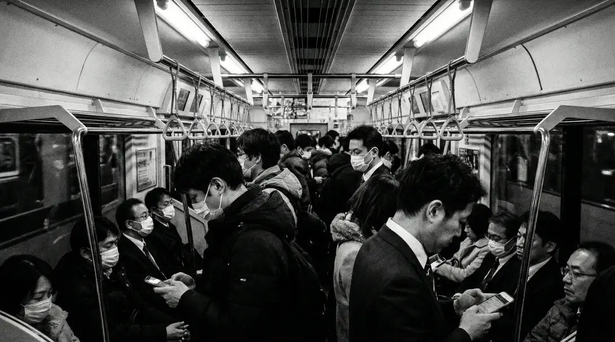 地铁车厢内乘客各自沉浸于手机屏幕的纪实画面